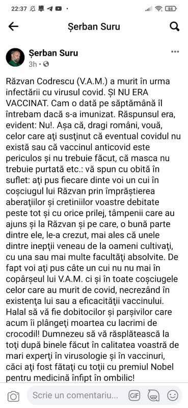  Uzurpatorul Șerban Suru s-a folosit de moartea scriitorului Răzvan Codrescu pentru a susține campania guvernamentală de vaccinare