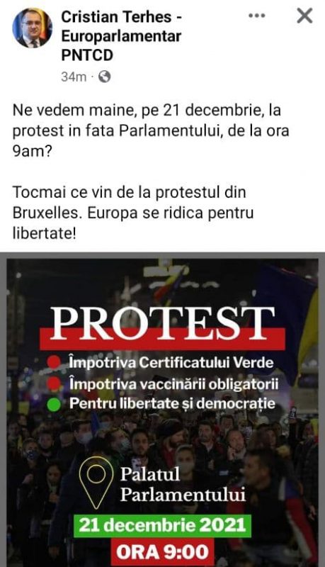 Europarlamentarul Român Cristian Terheș: Ne vedem mâine pe 21 decembrie la protest în fața Parlamentului!