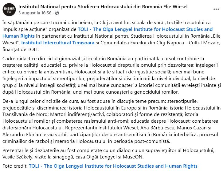 Institutul terorist Elie Wiesel organizează la Cluj-Napoca reeducarea profesorilor de gimnaziu și liceu