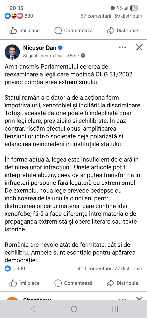 LOVITURĂ DE TEATRU! Cripto-Legionarul Nicușor Dan trimite legea 217/2015 pentru reexaminare în Parlament